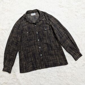 Liz Claiborne Sheer Brown & Black Abstract Grid Print Button Up Top